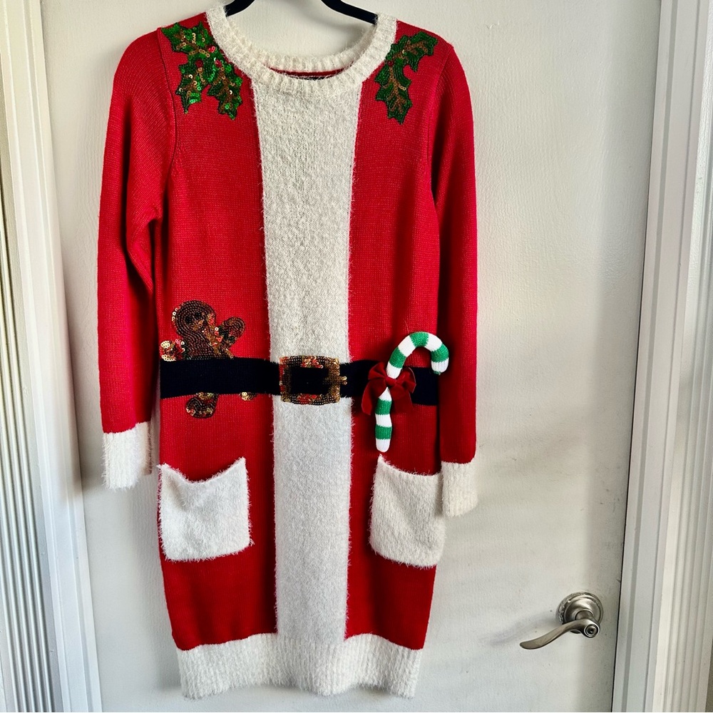 Red & White Christmas Sweater Dress w Sequined Gingerbread & 2 Front Pockets SM